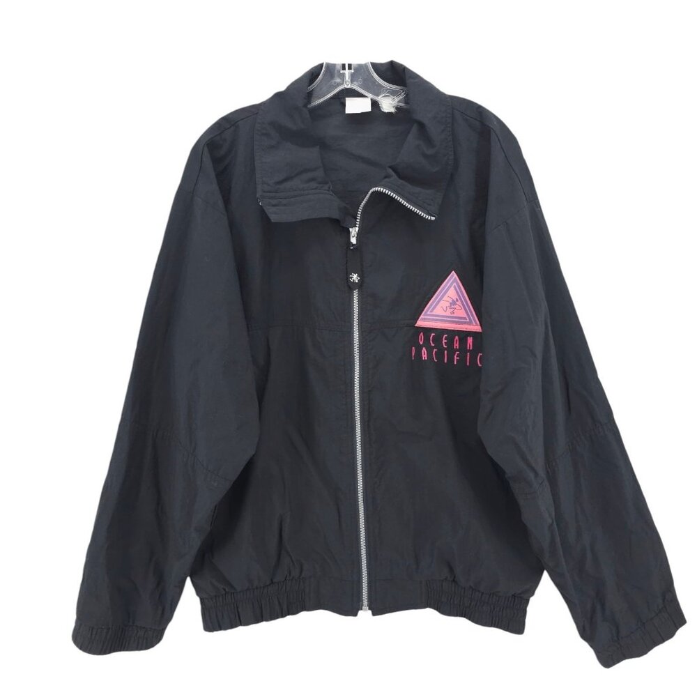 Vintage OP Ocean Pacific Windbreaker Black Neon Pink Logo SMALL - READ!